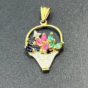 Yellow Gold Vtg 14K Sapphire Diamond Ruby Emerald Flower Bouquet Basket Pendant